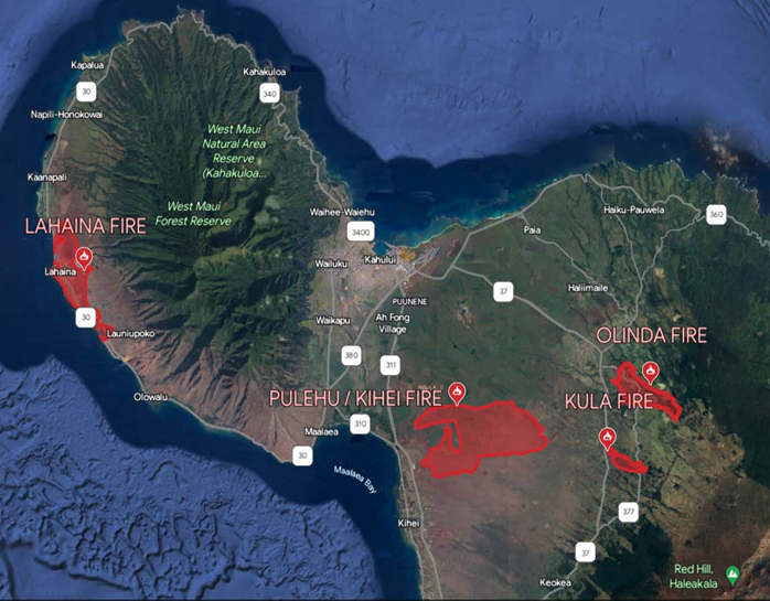 The Aug. 8 wildfires on Maui burned 1,283 acres Upcountry (202 acres in Kula and 1,081 in Olinda), 3,240 acres in south Maui and 2,170 acres in Lahaina. (Courtesy: Maui Police Department/2024)